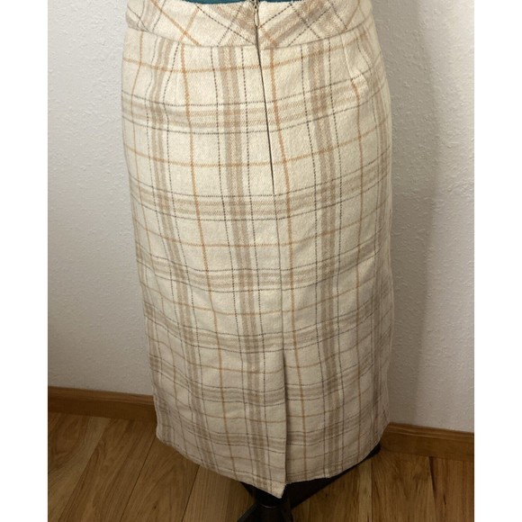 High Waist Beige Cream Brown Plaid Midi Skirt Size Med Lined And With Pockets - Picture 4 of 10
